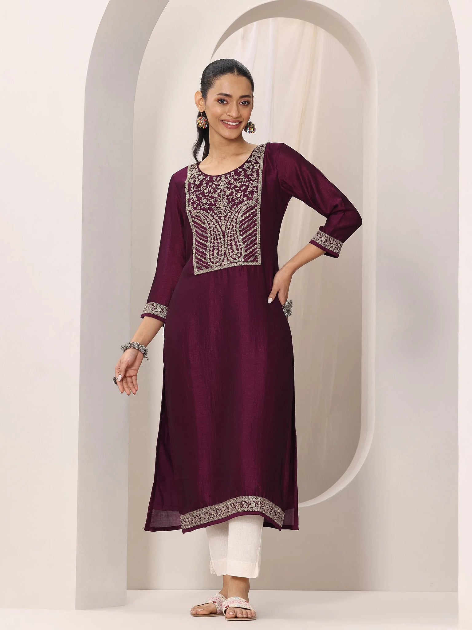 

Wine Yoke Design Silk Kurta