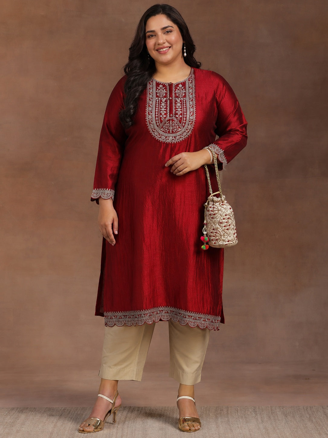 libas Plus Size Maroon Embroidered Silk Straight Kurta-picture-38