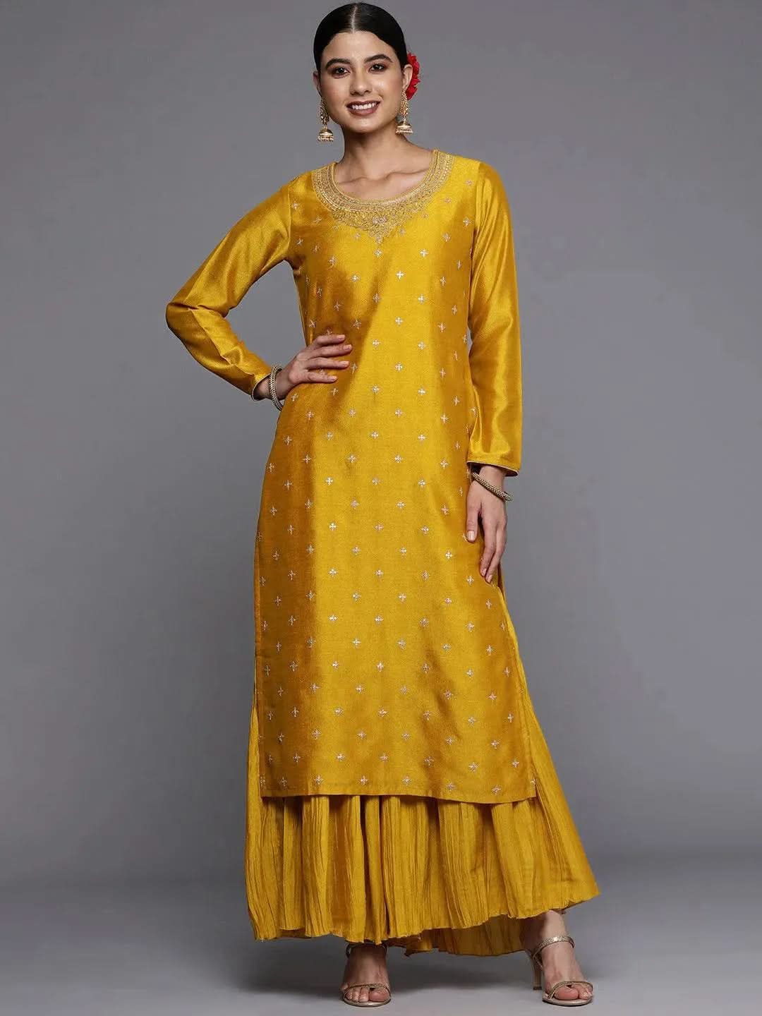 

Mustard Embroidered Silk Straight Kurta