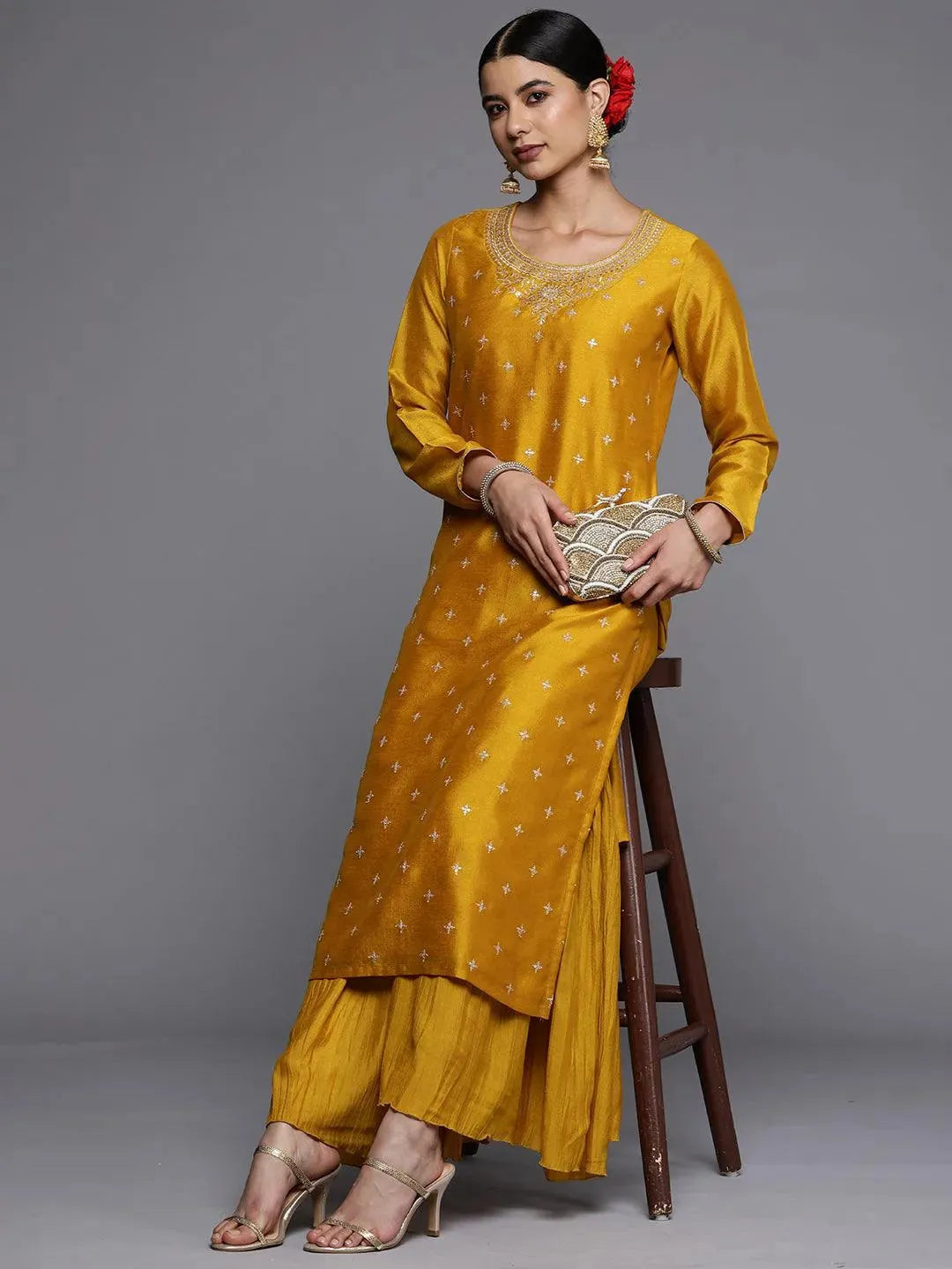 Mustard Embroidered Silk Straight Kurta - Libas