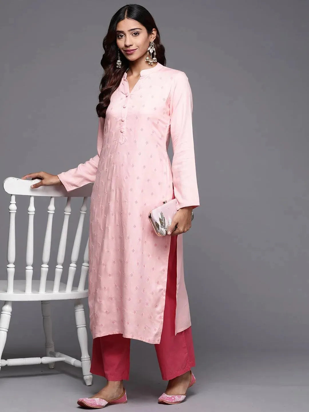 Peach Embroidered Pashmina Wool Straight Kurta - Libas 