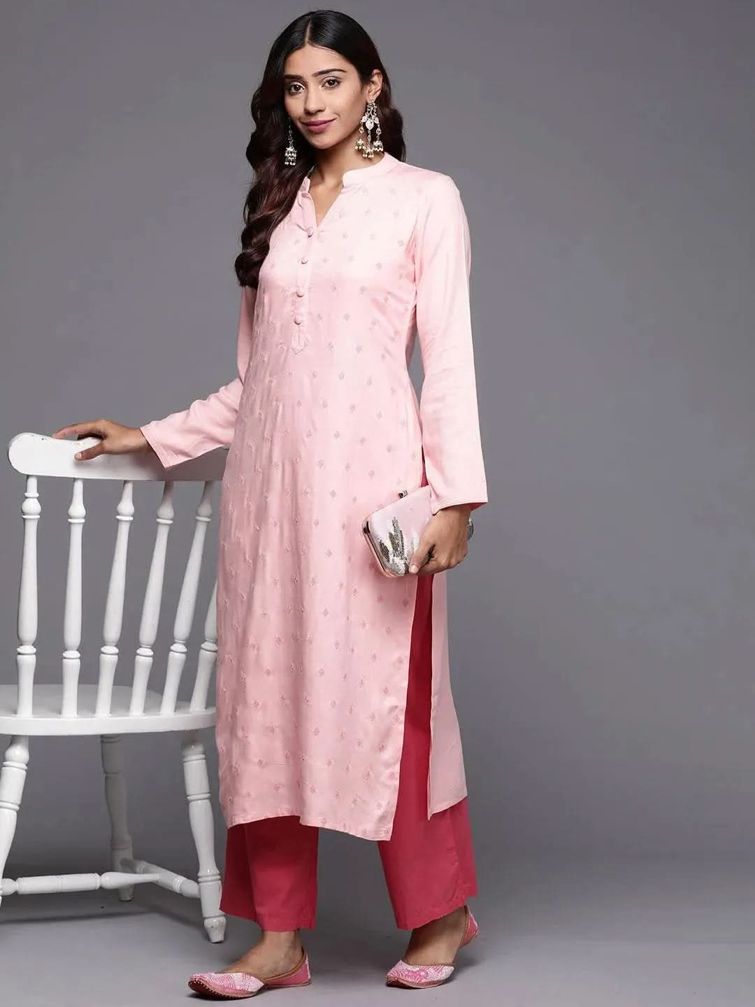  Peach Embroidered Pashmina Wool Straight Kurta 