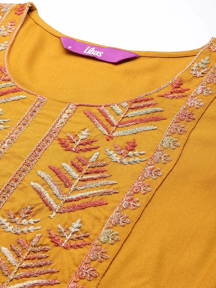Mustard Embroidered Pashmina Wool Straight Kurta - Libas
