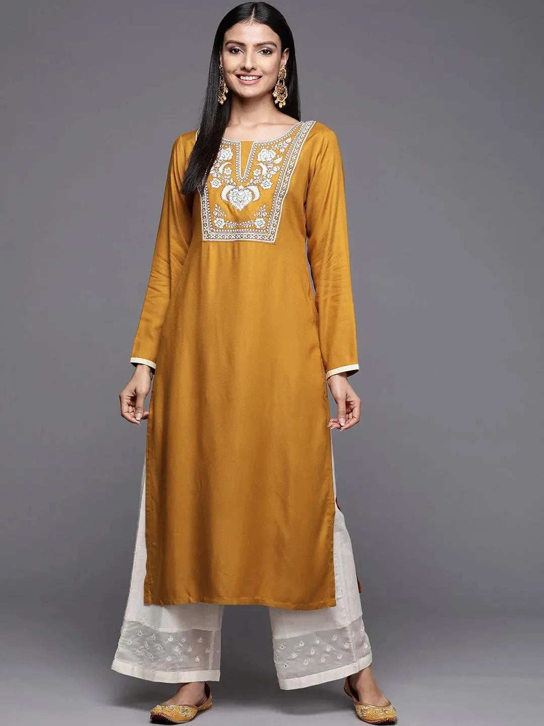 Mustard Embroidered Pashmina Wool Straight Kurta - Libas 