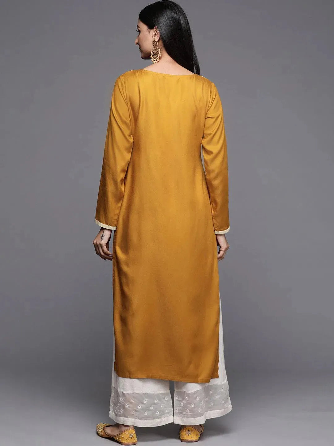 Mustard Embroidered Pashmina Wool Straight Kurta - Libas 