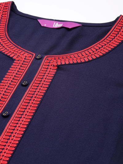 Navy Blue Embroidered Pashmina Wool Straight Kurta - Libas