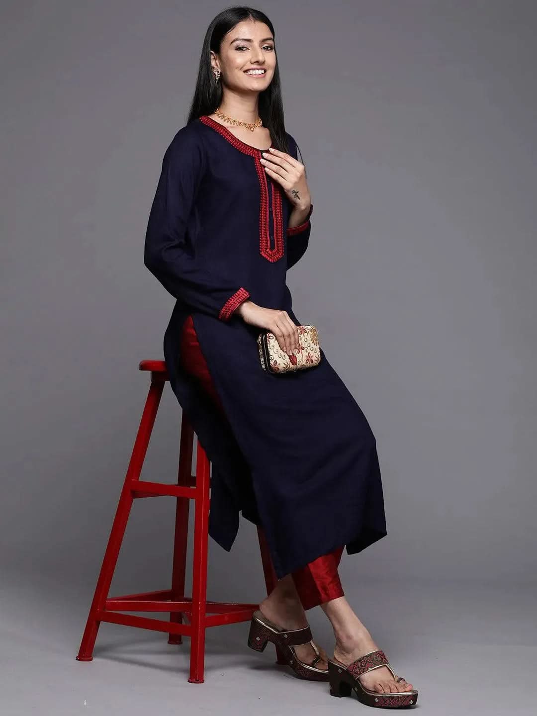  Navy Blue Embroidered Pashmina Wool Straight Kurta 