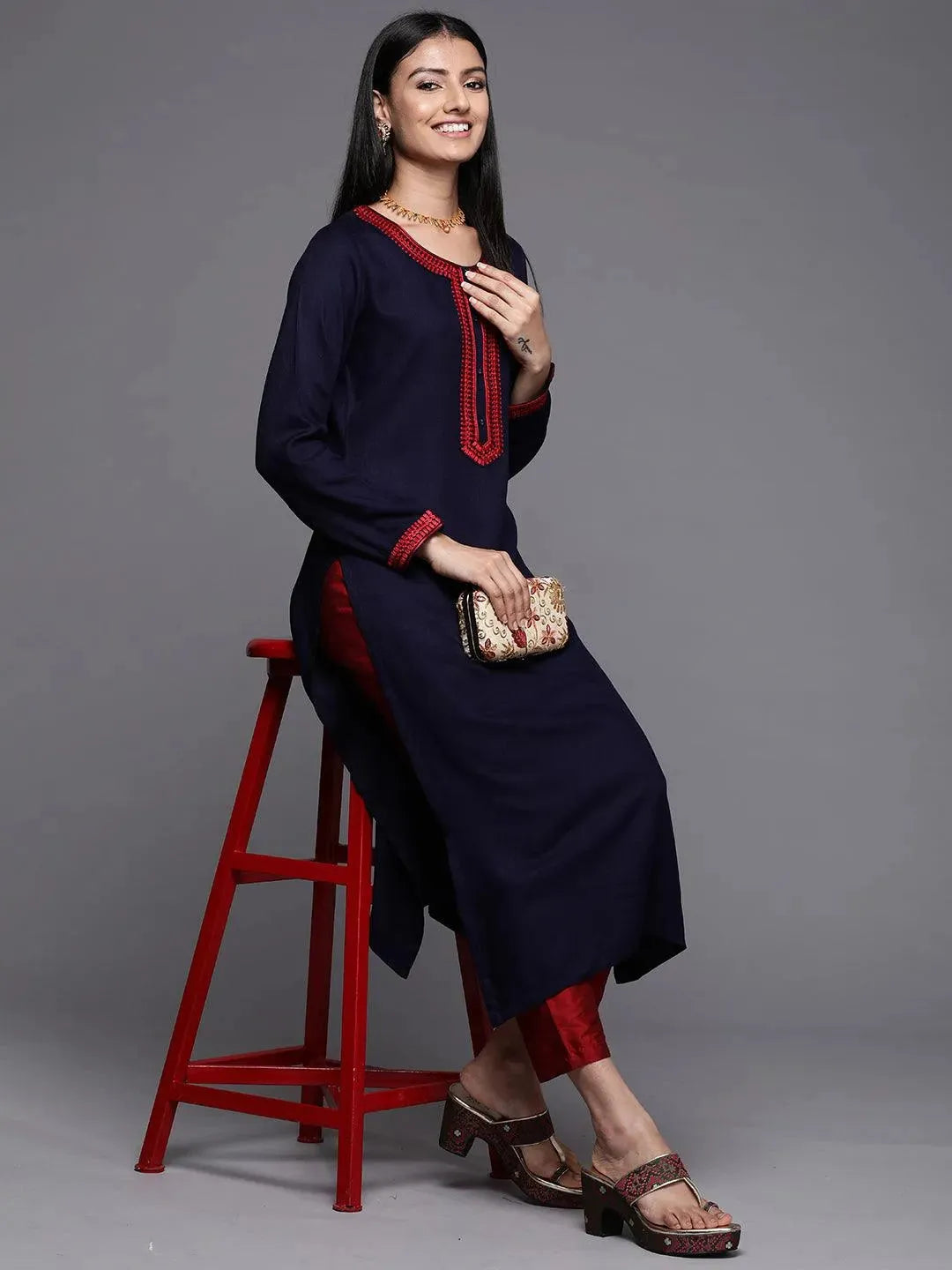  Navy Blue Embroidered Pashmina Wool Straight Kurta 