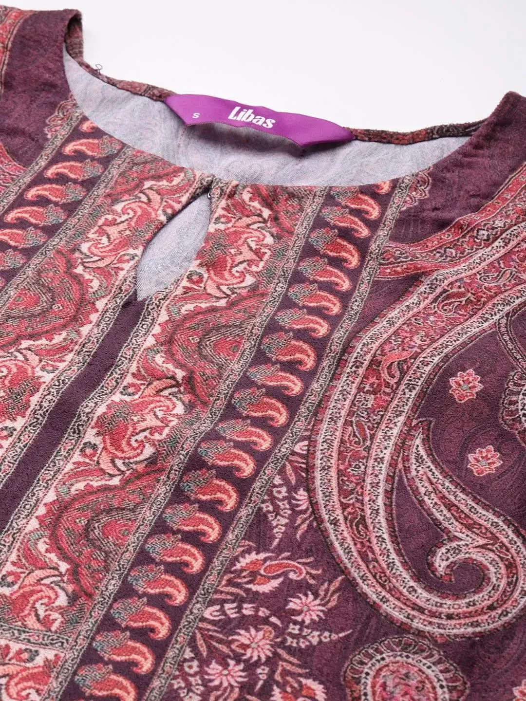 Burgundy Printed Velvet Straight Kurta - Libas 
