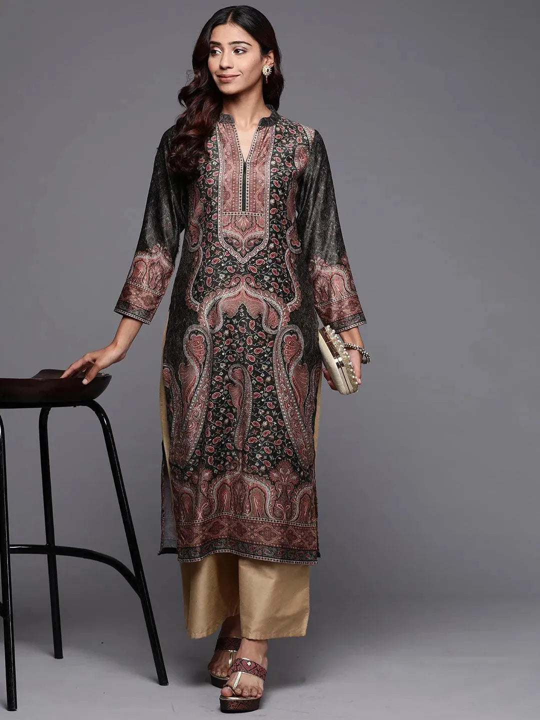 Olive Printed Velvet Straight Kurta - Libas