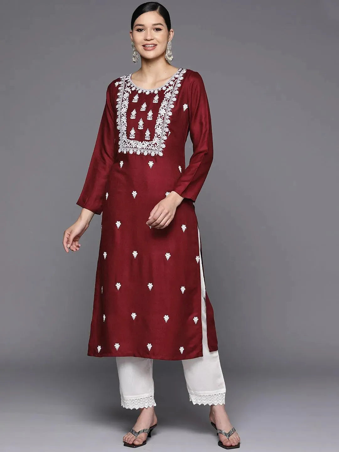 Maroon Embroidered Wool Straight Kurta - Libas