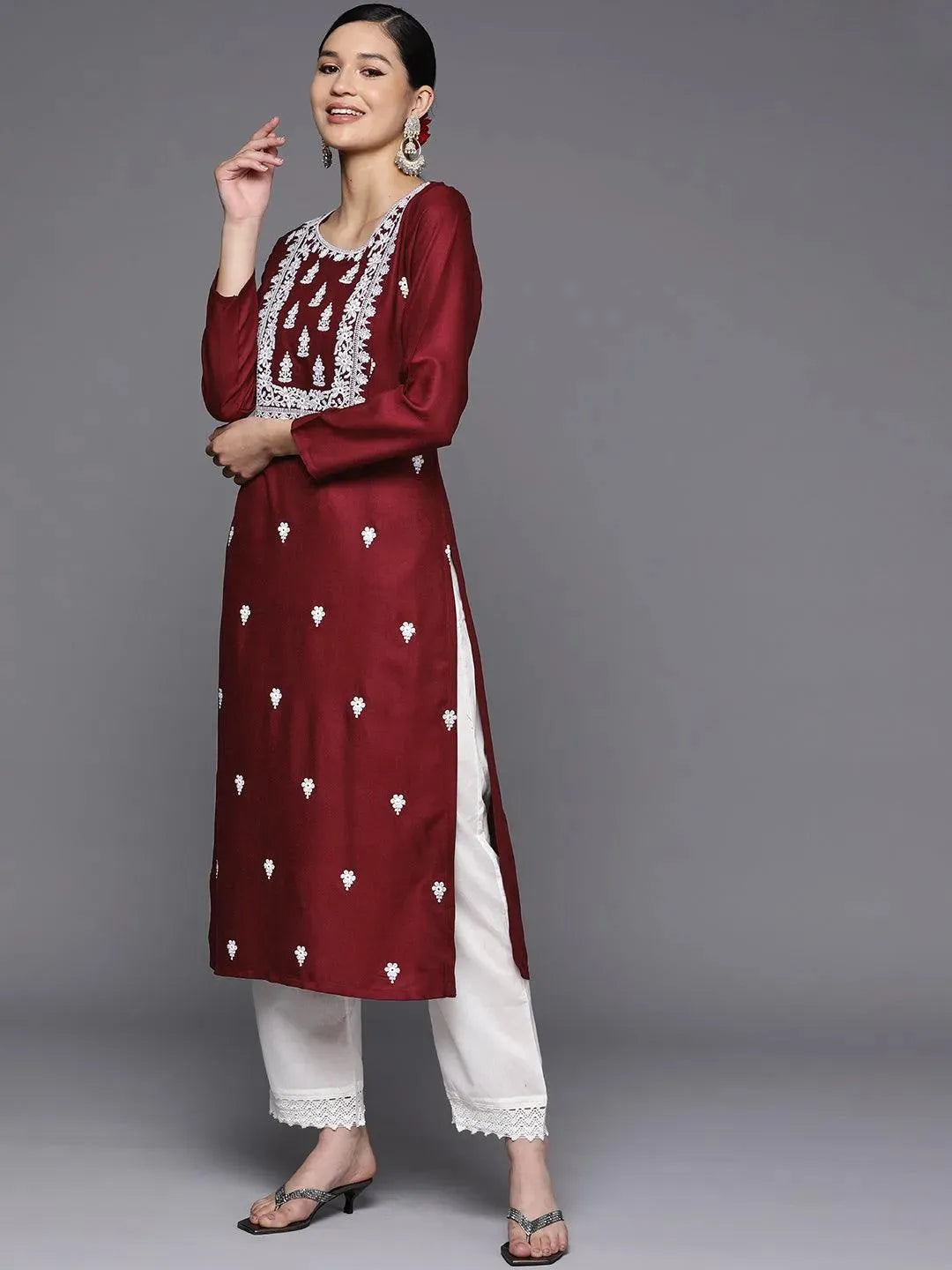 Maroon Embroidered Wool Straight Kurta - Libas