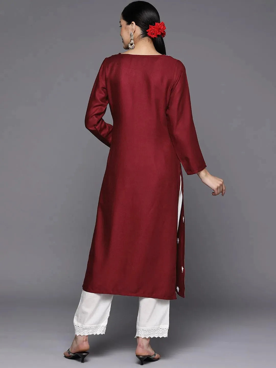 Maroon Embroidered Wool Straight Kurta - Libas