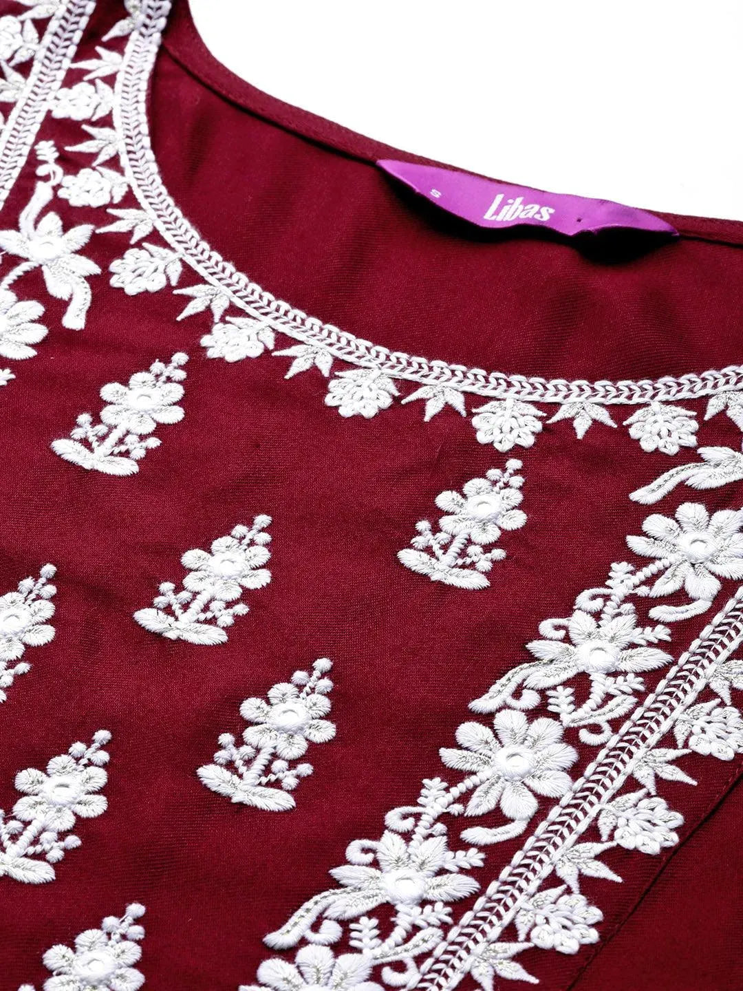 Maroon Embroidered Wool Straight Kurta - Libas 