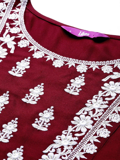 Maroon Embroidered Wool Straight Kurta - Libas