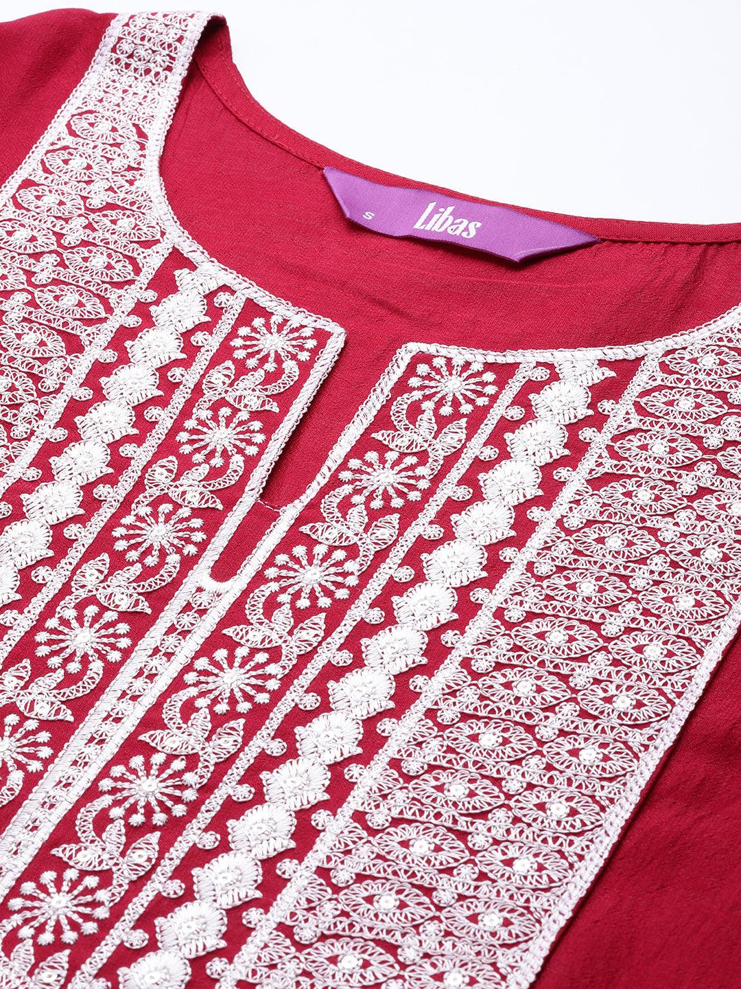 Fuchsia Yoke Design Silk Straight Kurta - Libas