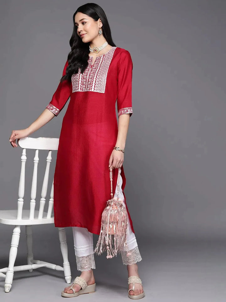 Fuchsia Yoke Design Silk Straight Kurta - Libas