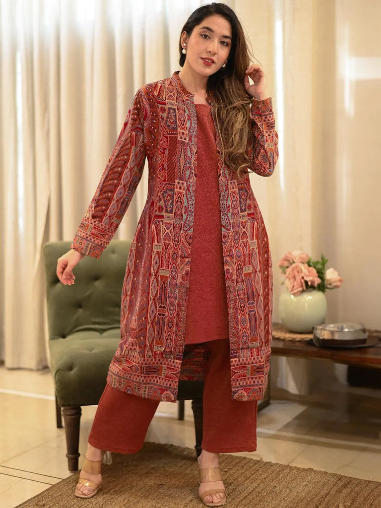 Libas Rust Printed Wool Blend Straight Kurta Set