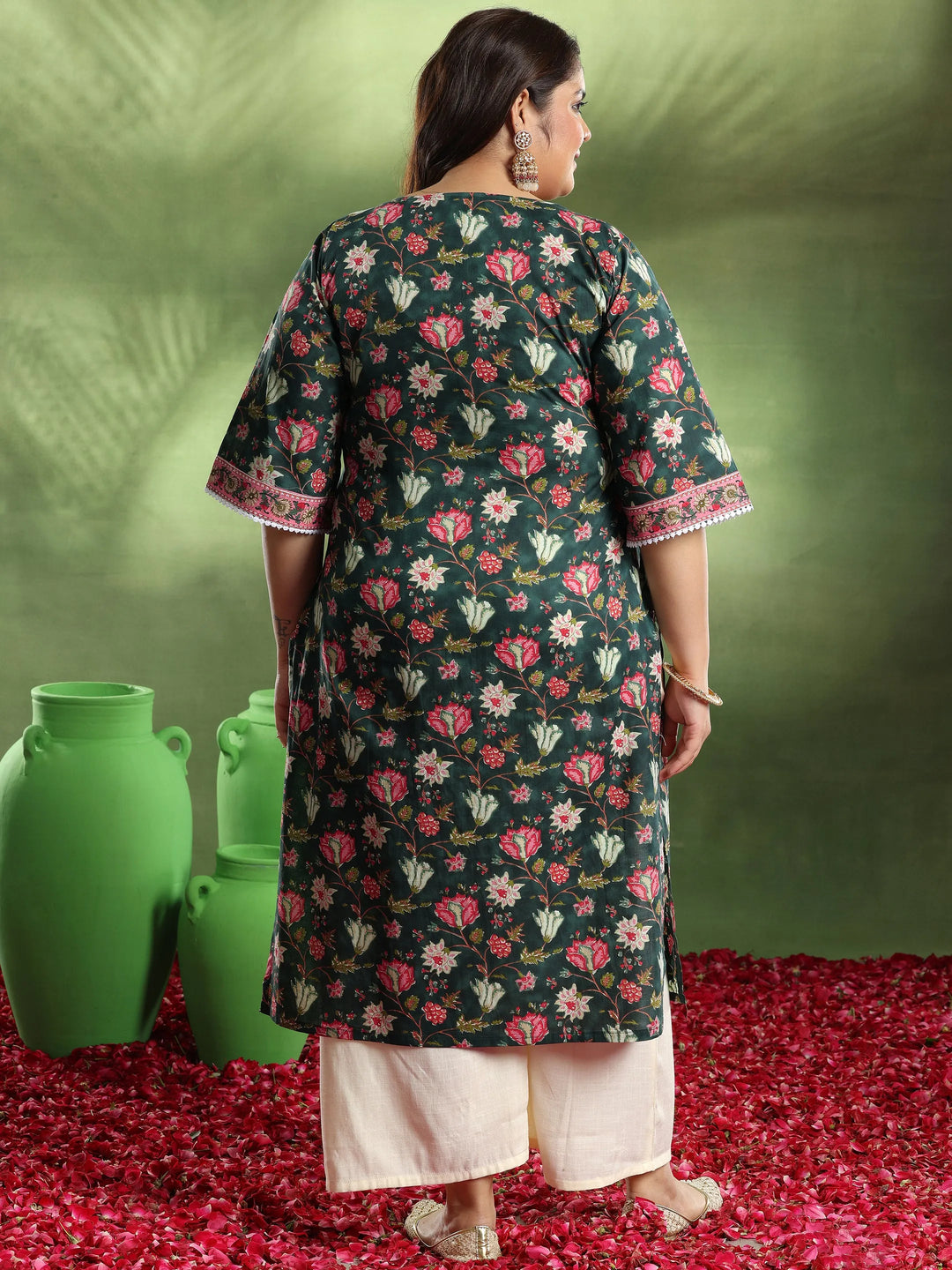  Plus Size Black Printed Cotton Kurta 
