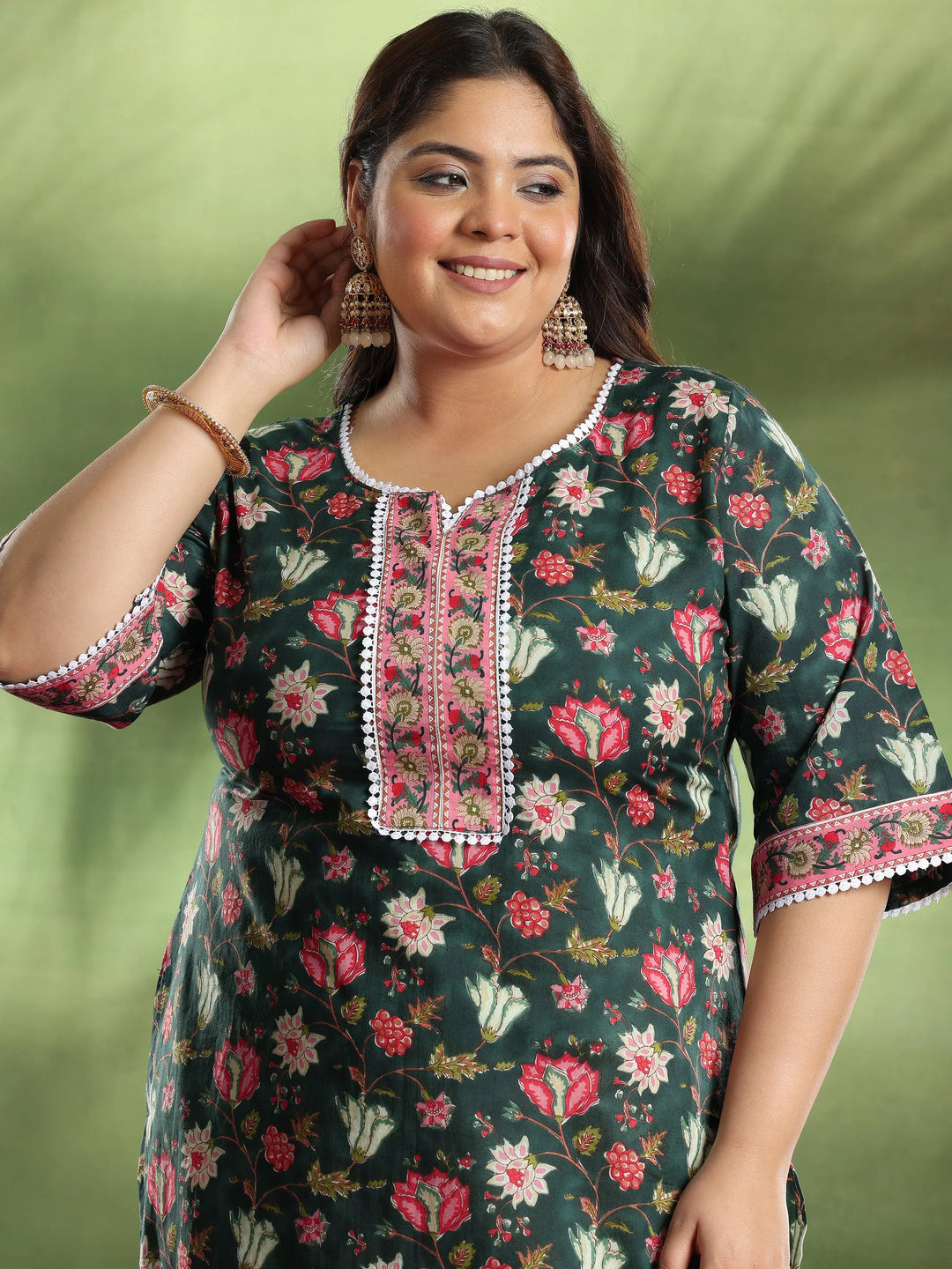  Plus Size Black Printed Cotton Kurta 