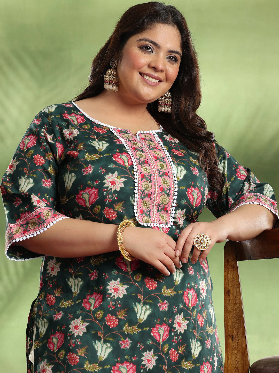  Plus Size Black Printed Cotton Kurta 