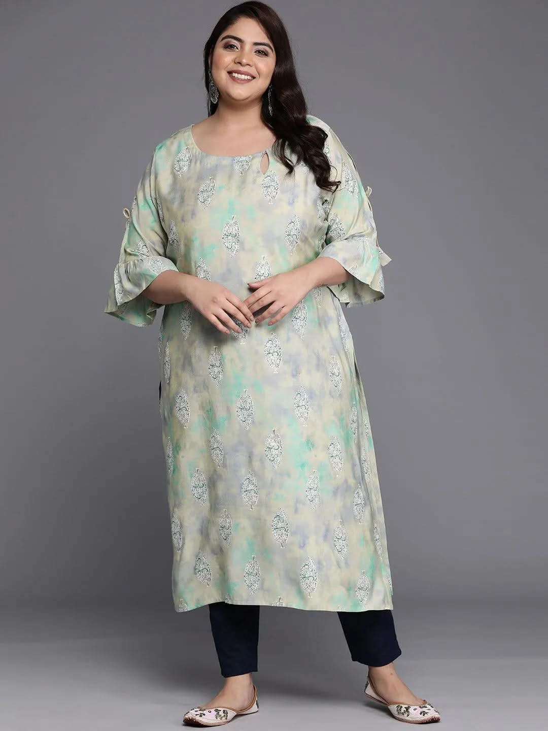 Plus Size Green Printed Silk Straight Kurta - Libas 