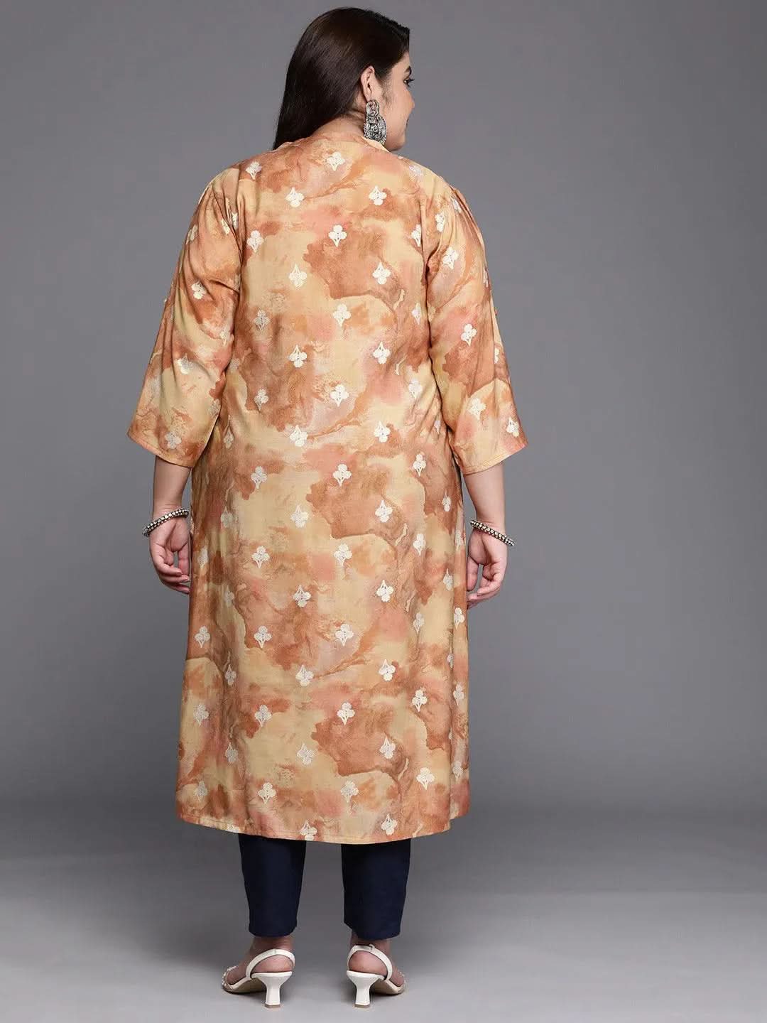 Plus Size Brown Printed Silk Straight Kurta - Libas 