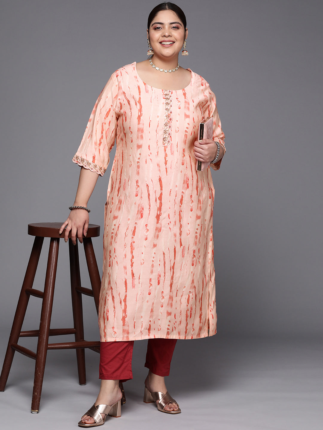  Plus Size Peach Printed Silk Straight Kurta 
