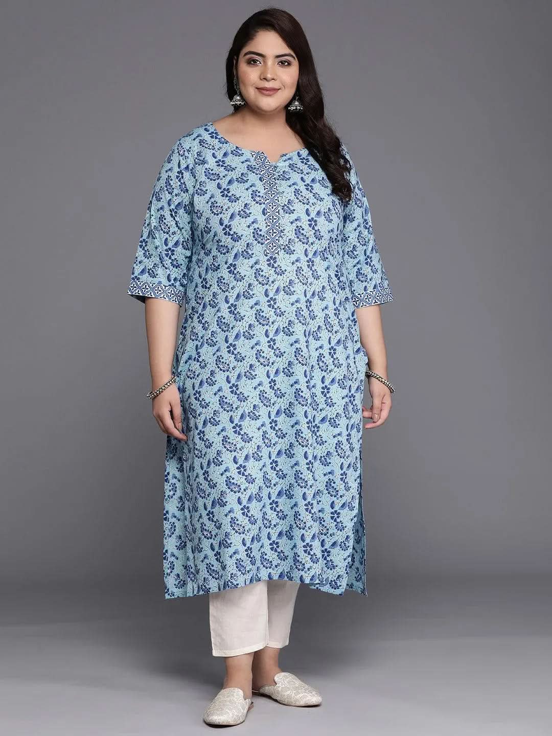 Plus Size Blue Printed Cotton Straight Kurta - Libas 