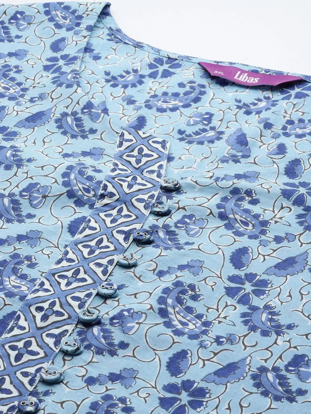 Plus Size Blue Printed Cotton Straight Kurta - Libas 