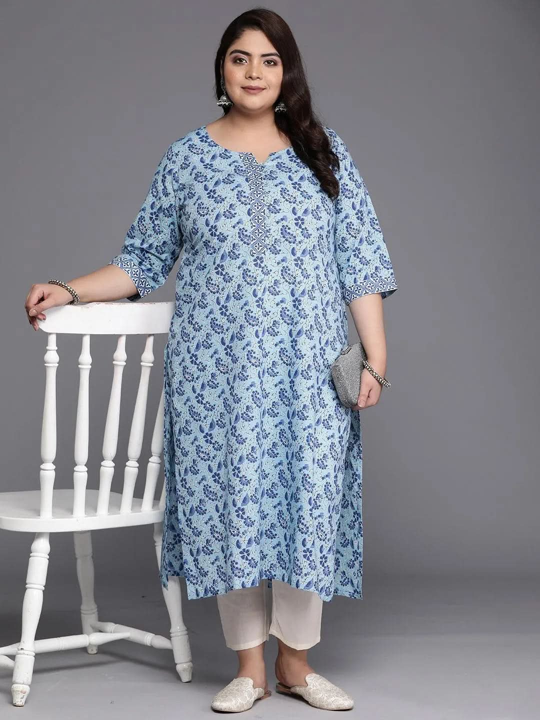 Plus Size Blue Printed Cotton Straight Kurta - Libas 