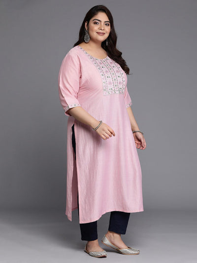 Plus Size Pink Yoke Design Silk Straight Kurta - Libas