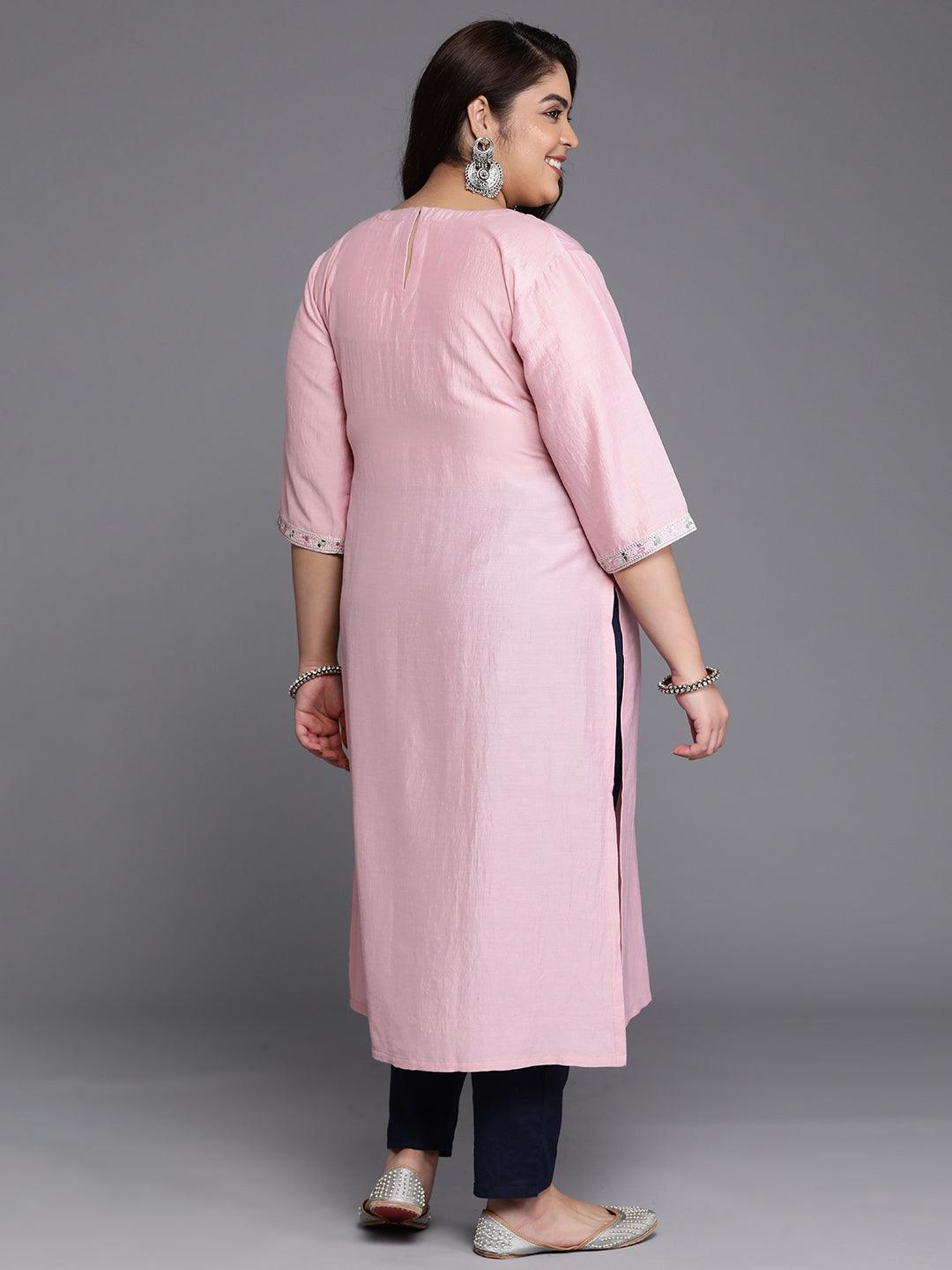 Plus Size Pink Yoke Design Silk Straight Kurta