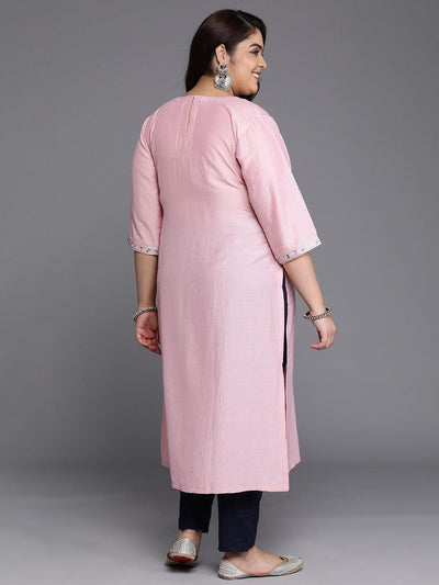 Plus Size Pink Yoke Design Silk Straight Kurta - Libas