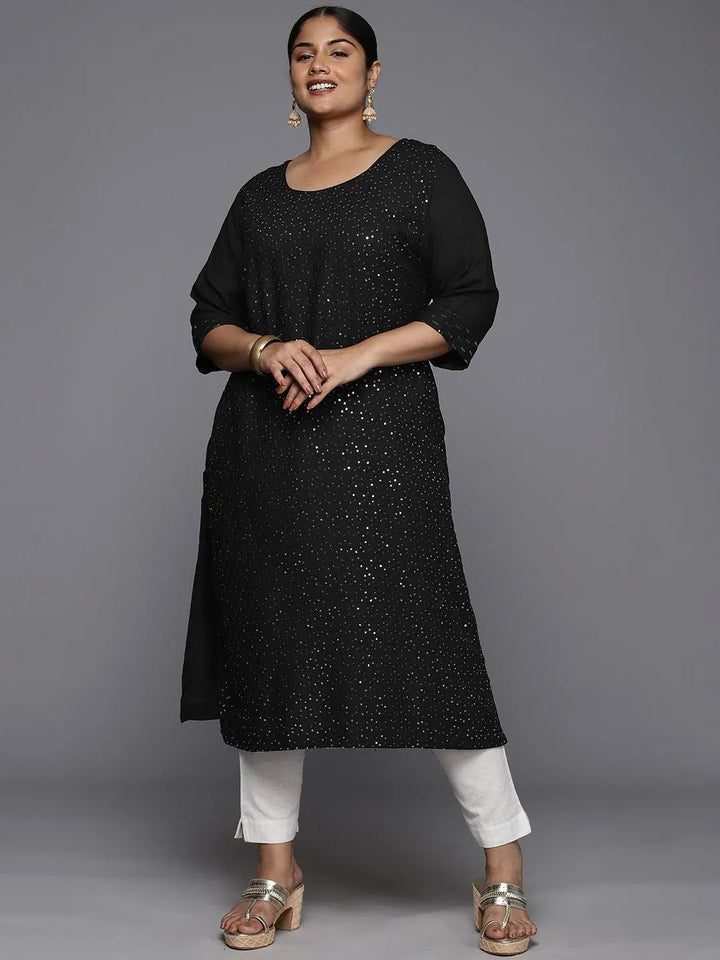 Plus Size Black Rayon Embroidered Straight Kurta - Libas