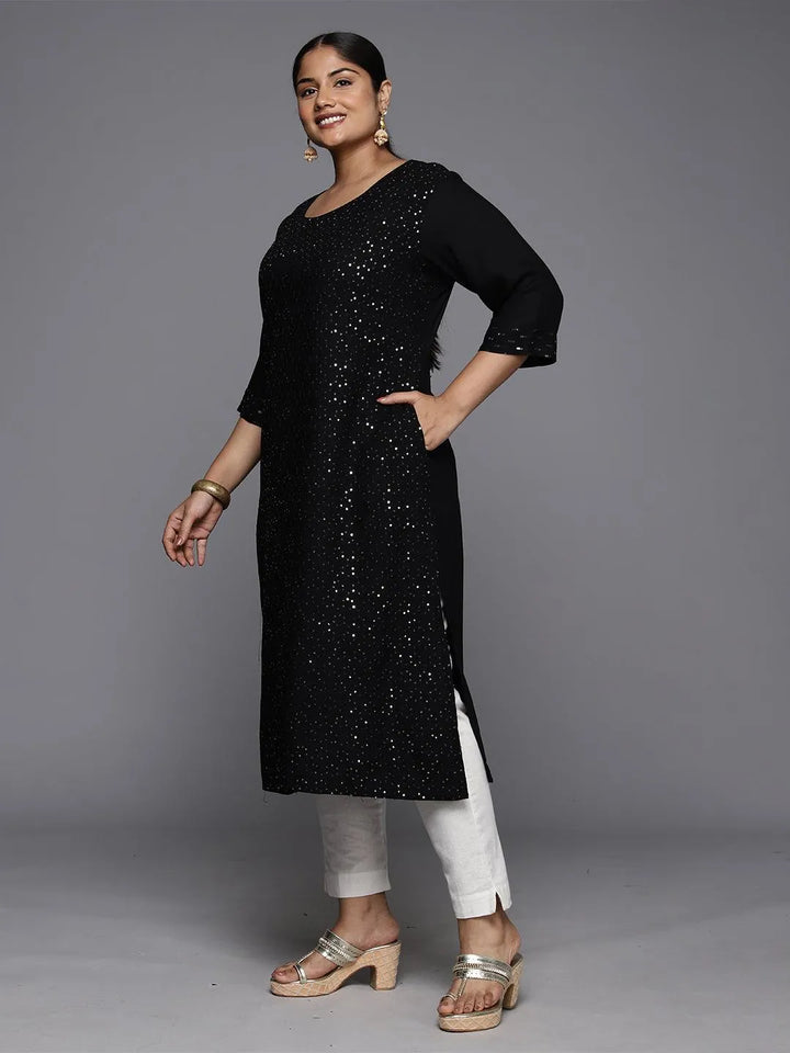 Plus Size Black Rayon Embroidered Straight Kurta - Libas