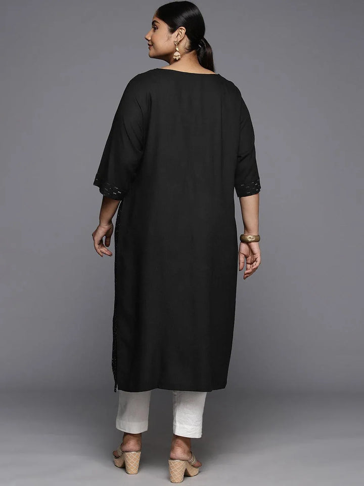 Plus Size Black Rayon Embroidered Straight Kurta - Libas