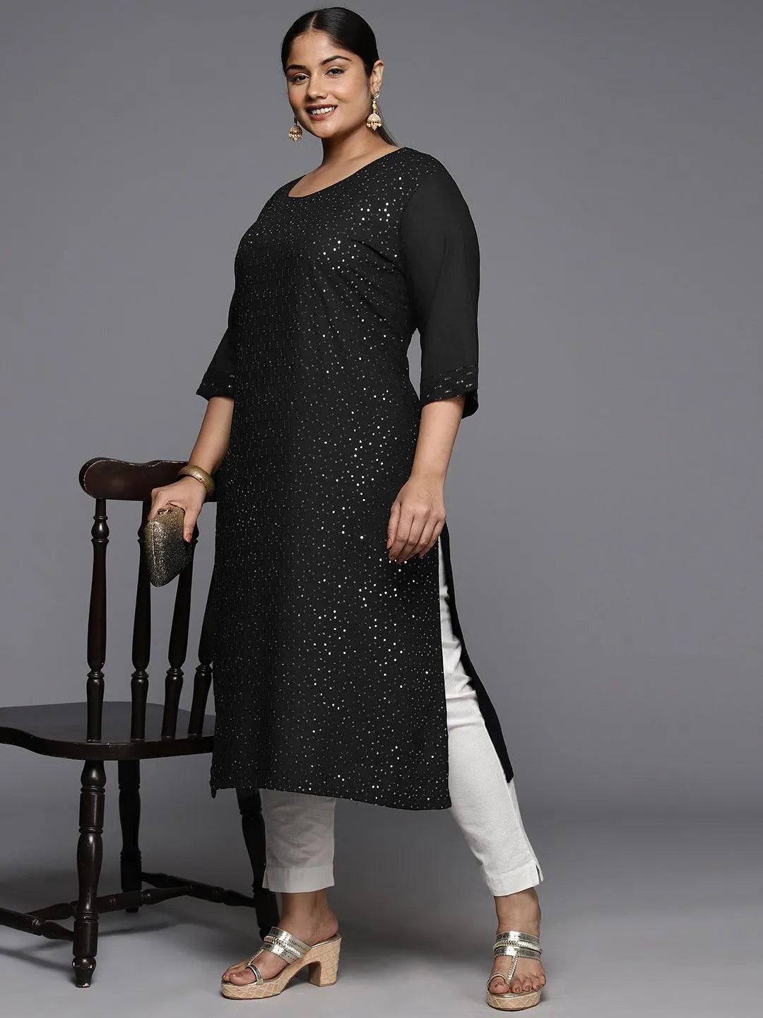 Plus Size Black Rayon Embroidered Straight Kurta - Libas