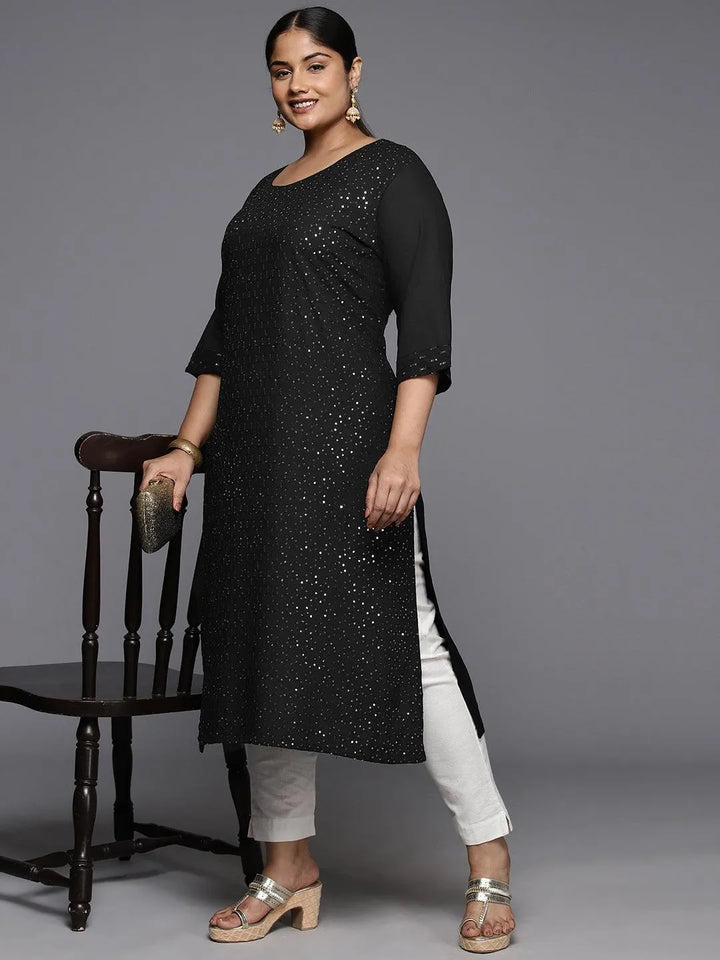 Plus Size Black Rayon Embroidered Straight Kurta - Libas