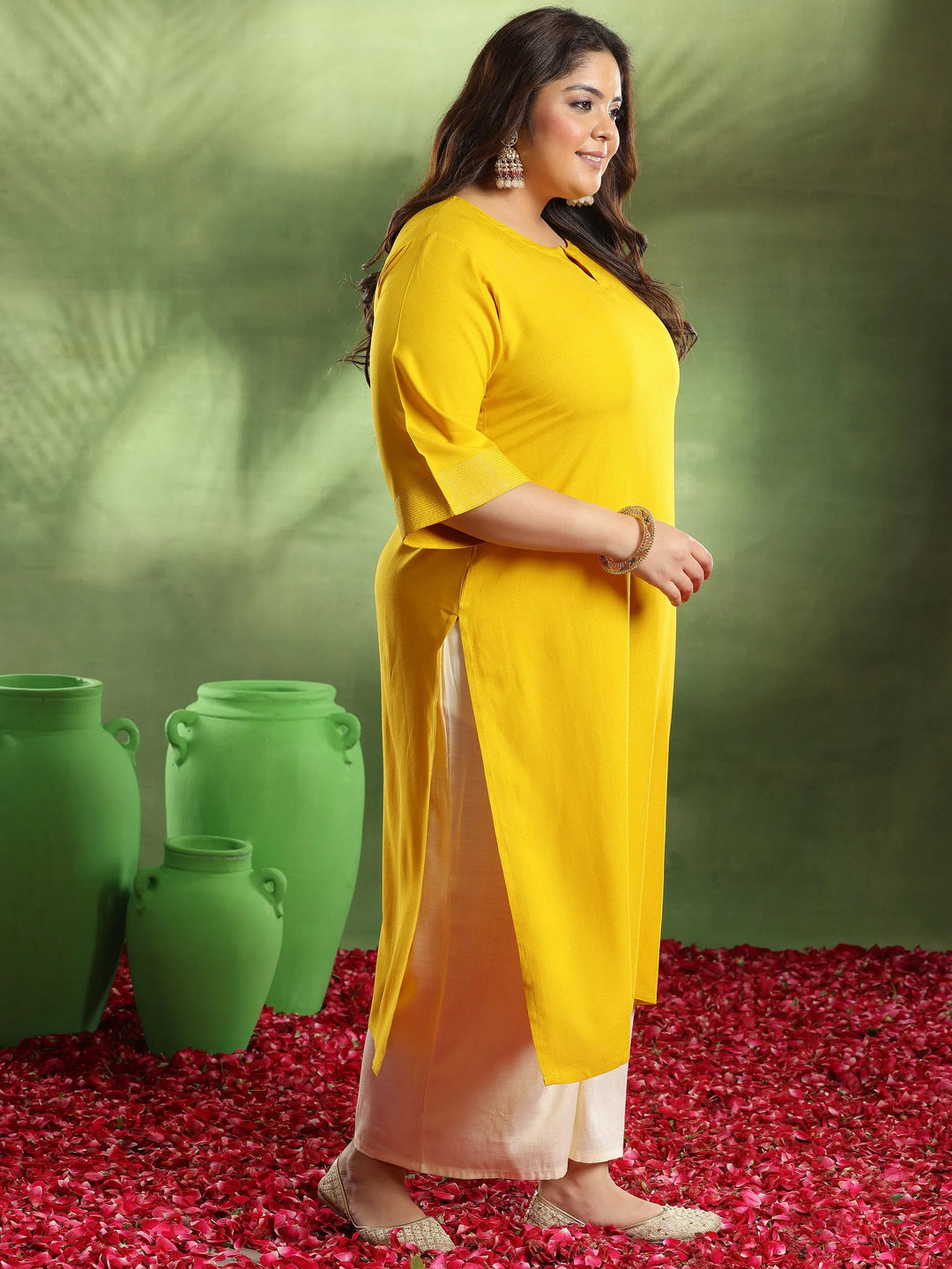  Plus Size Mustard Solid Rayon Straight Kurta 