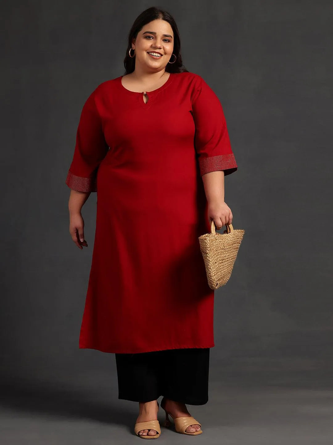 Plus Size Maroon Solid Rayon Straight Kurta - Libas