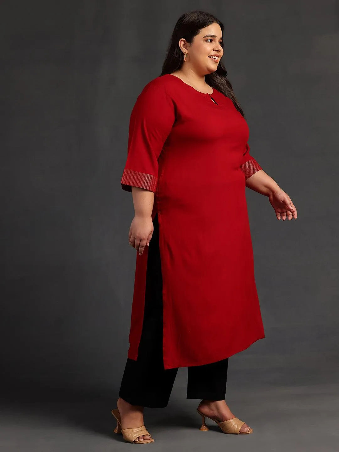 Plus Size Maroon Solid Rayon Straight Kurta - Libas 