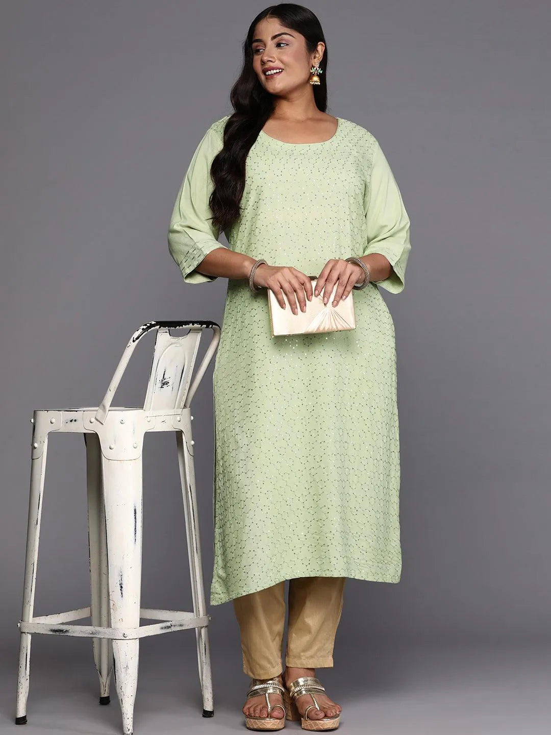 Green Embroidered Rayon Straight Kurta - Libas