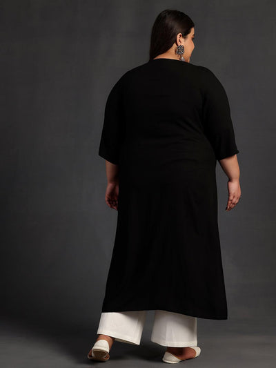 Plus Size Black Embellished Rayon Straight Kurta - Libas