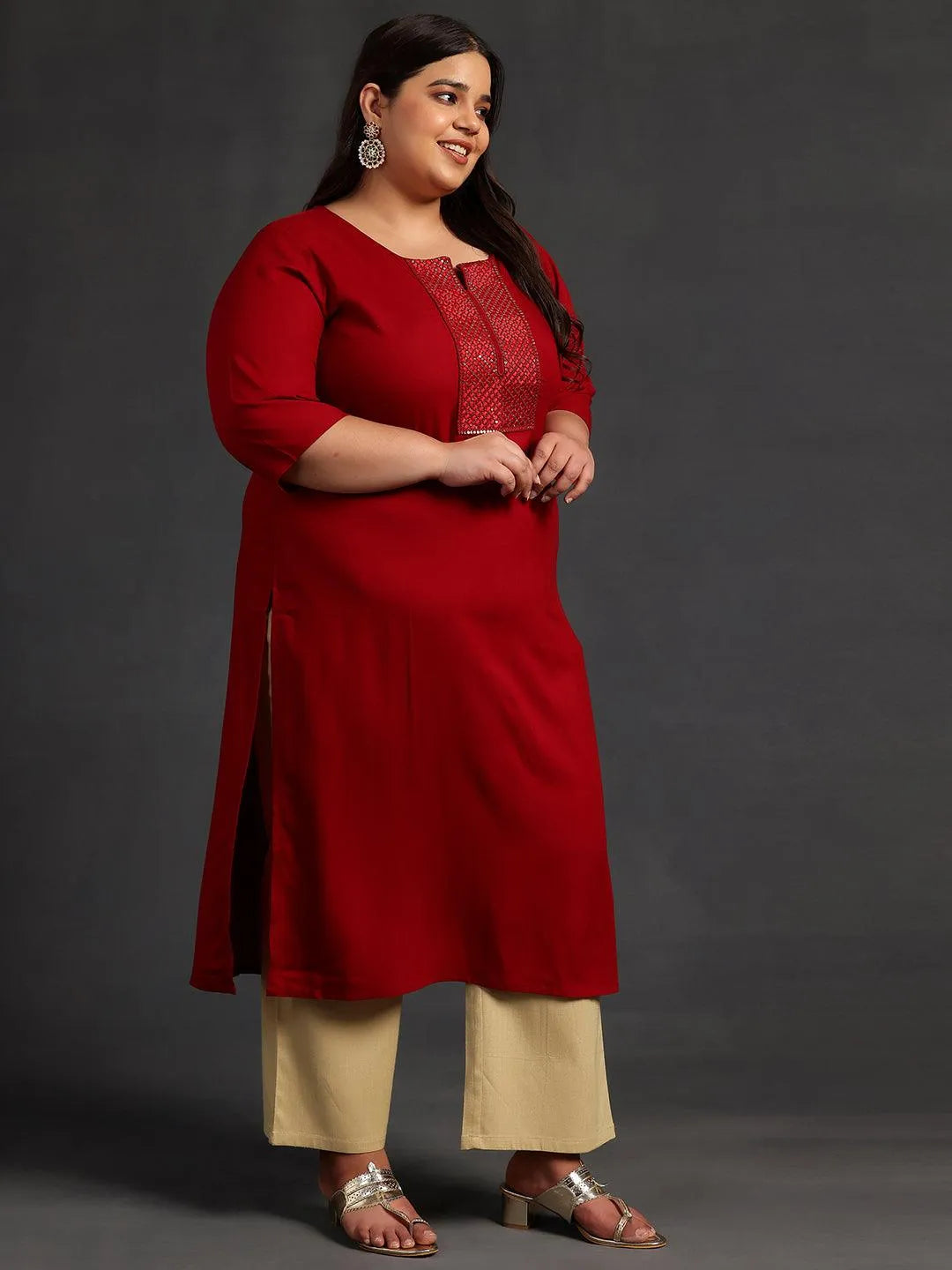 Plus Size Maroon Embellished Rayon Straight Kurta - Libas 