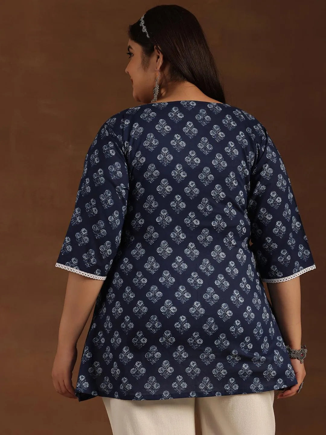 Plus Size Blue Yoke Design Cotton A-Line - Libas 