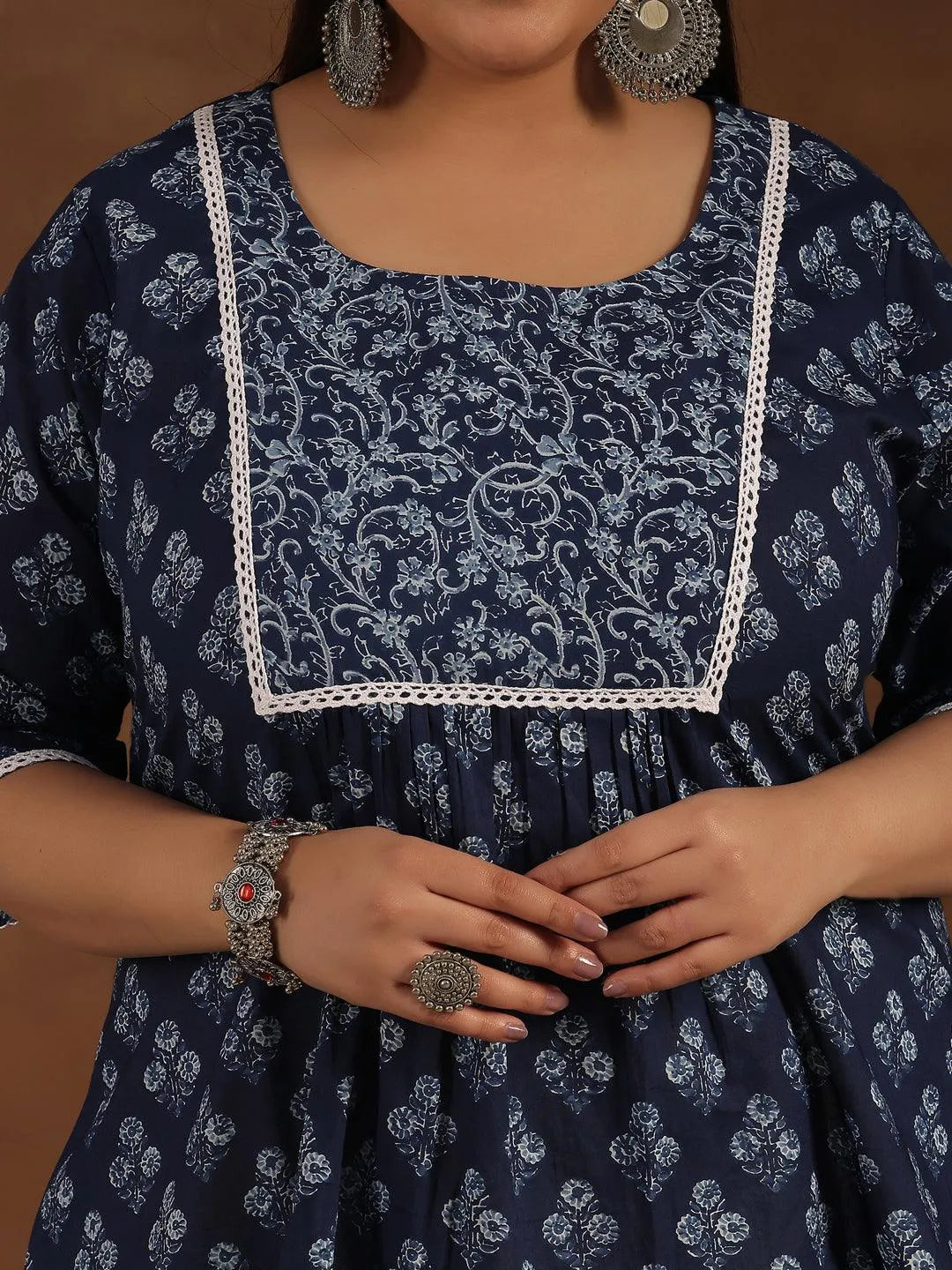 Plus Size Blue Yoke Design Cotton A-Line - Libas 