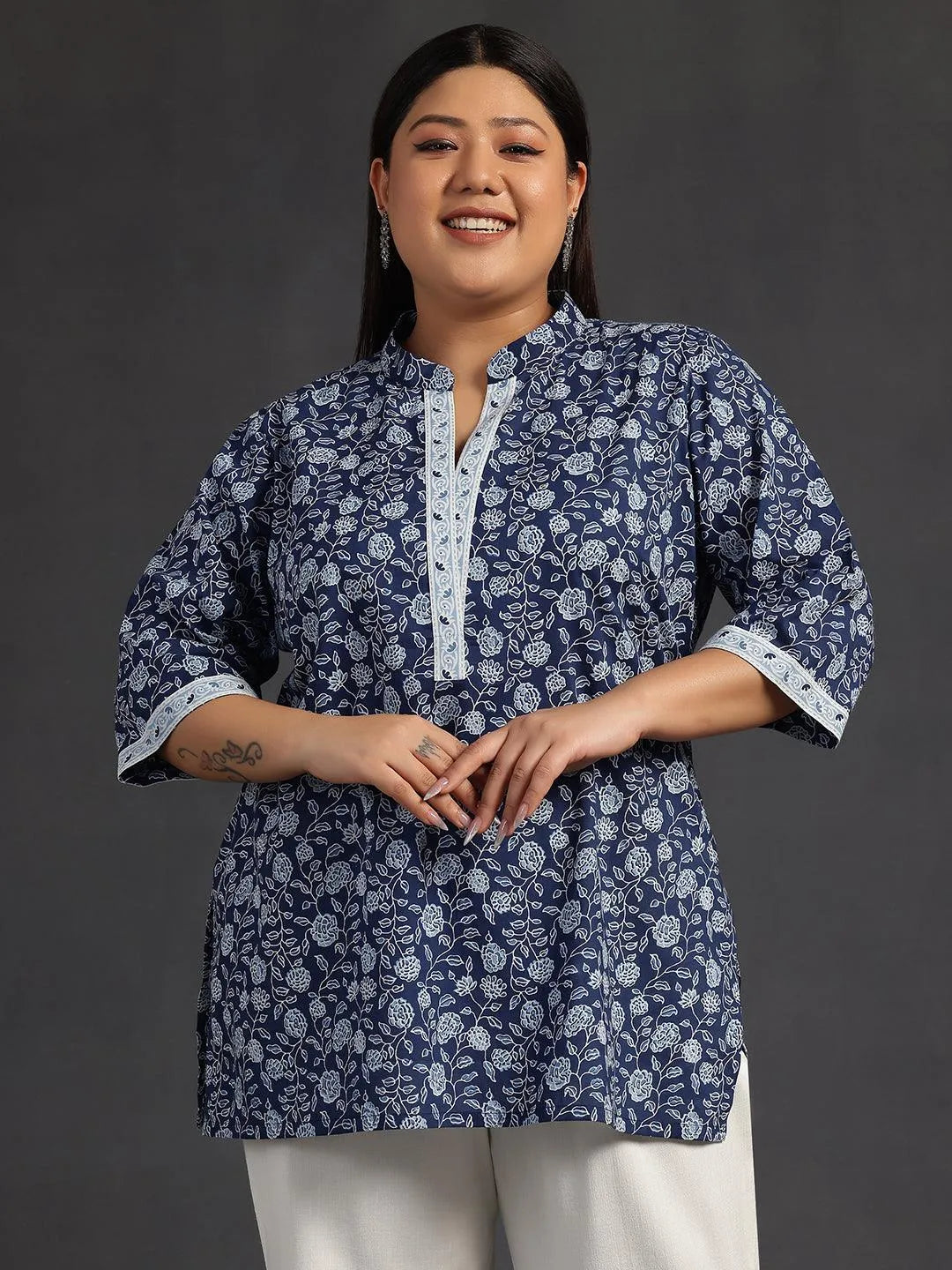 Plus Size Blue Printed Cotton A-Line Kurti - Libas 