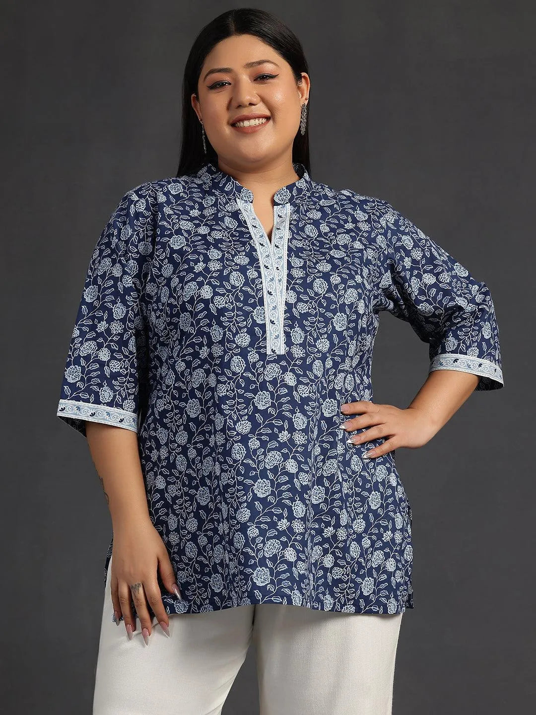 Plus Size Blue Printed Cotton A-Line Kurti - Libas 