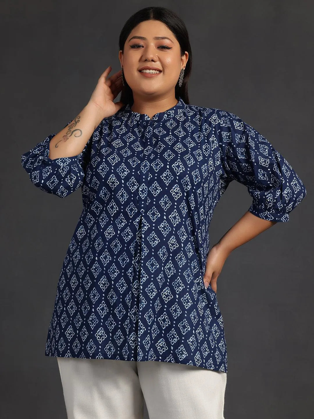 Plus Size Blue Printed Cotton A-Line Kurti - Libas 